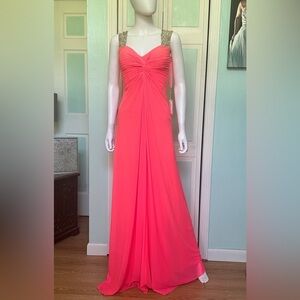 Size 2 La Femme Prom Neon Flamingo Pink Dress Gown Aline Simple Flowy